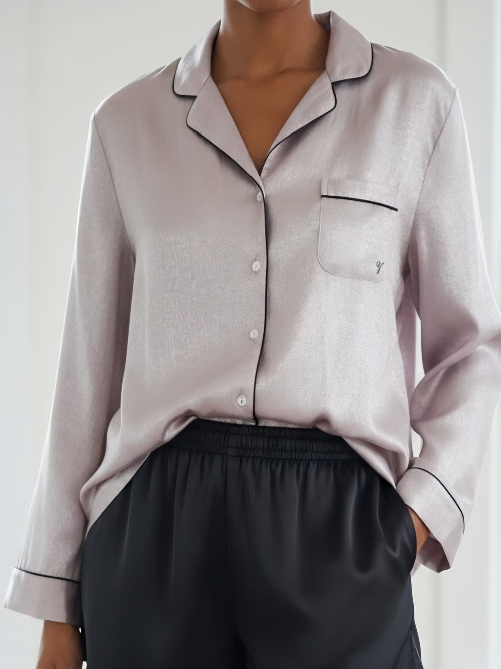 Victoria's Secret Shimmering Satin Pajama Top with Black Piping